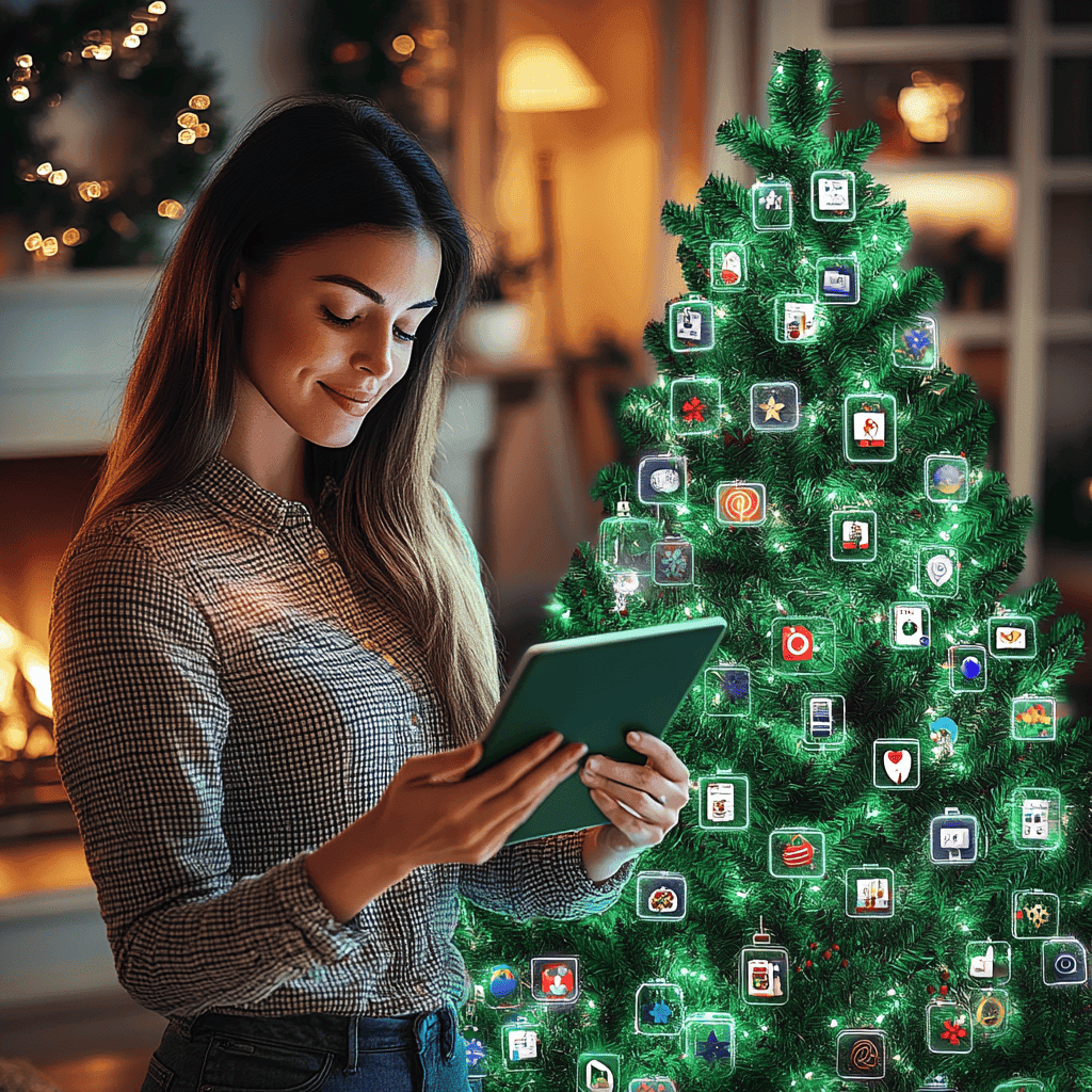 En närbild av en kvinnas ansikte när hon dekorerar ett fantasifullt julgran överflödande med färgglada appikoner, vilket skapar en festlig digital scen.